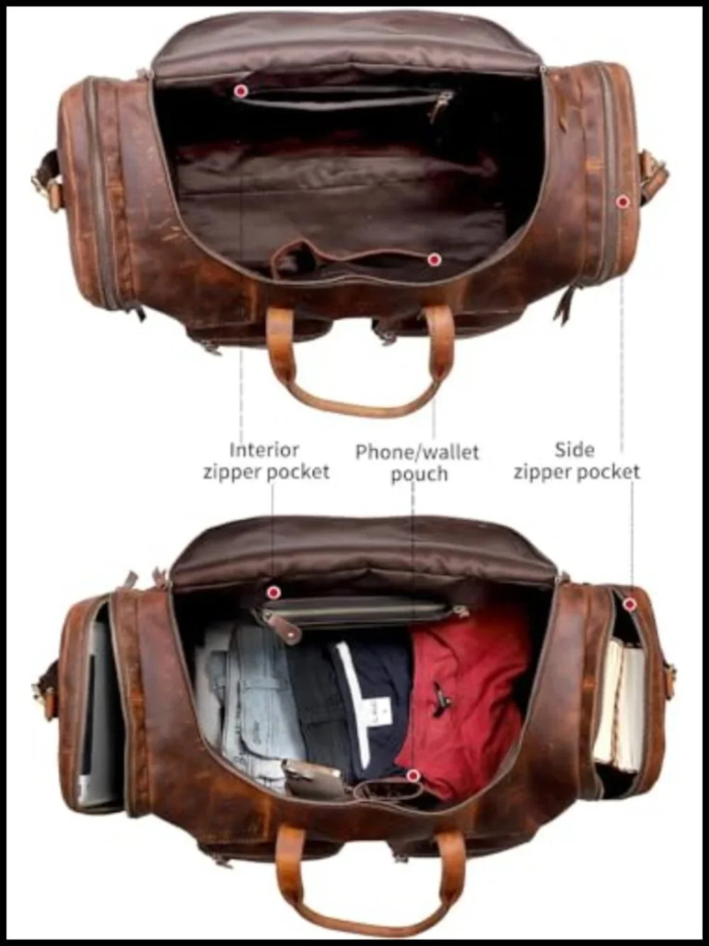 Vintage Style Leather Duffel Bag, Handmade, Full Grain Cowhide, Travel Gym